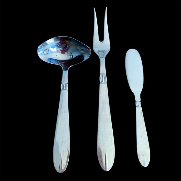 Sival Inger Stainless Flatware Denmark 3 Pc Glossy Ladle Fork Spoon Butter Knife - Picture 2 of 14